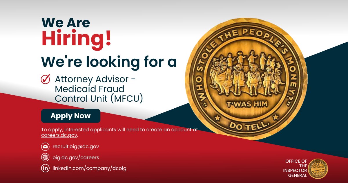 NOW HIRING: Attorney Advisor for the OIG's Medicaid Fraud Control Unit (MFCU). MFCU cases involve health care fraud by District Medicaid providers and the abuse, neglect, or financial exploitation of District Medicaid beneficiaries. Learn more and apply: careers.dc.gov/psp/erecruit/E…