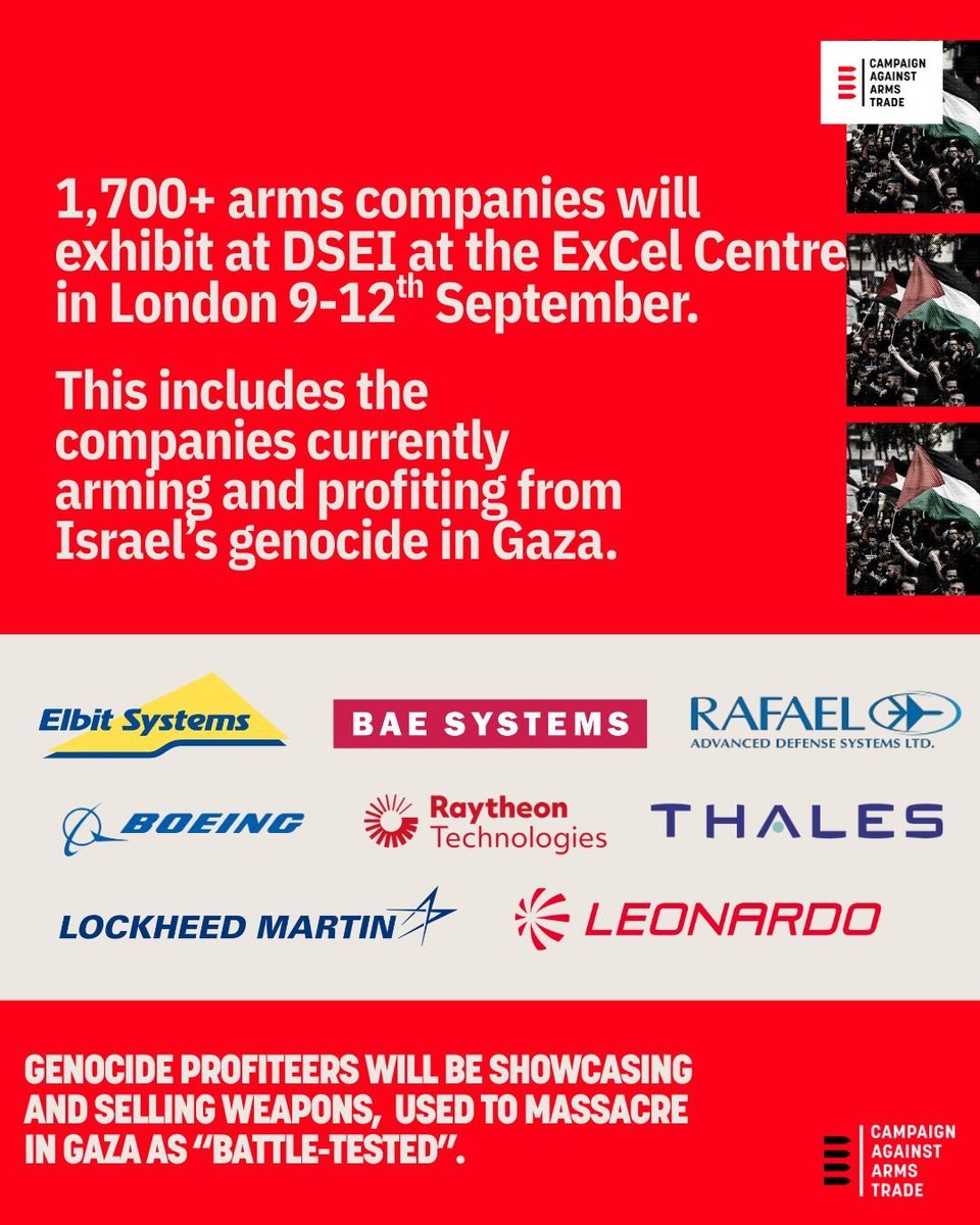 Declassified UK (@declassifieduk) on Twitter photo 🚨Around 50 Israeli arms firms are being allowed to exhibit at the DSEI arms fair in London next week, new data reveals.
Campaign Against Arms Trade (<a href="/CAATuk/">Campaign Against Arms Trade</a>) say many of these companies are "arming and profiting from Israel's genocide in Gaza".
👉dsei.co.uk/visit/exhibiti… 🚨Around 50 Israeli arms firms are being allowed to exhibit at the DSEI arms fair in London next week, new data reveals.
Campaign Against Arms Trade (<a href="/CAATuk/">Campaign Against Arms Trade</a>) say many of these companies are "arming and profiting from Israel's genocide in Gaza".
👉dsei.co.uk/visit/exhibiti…