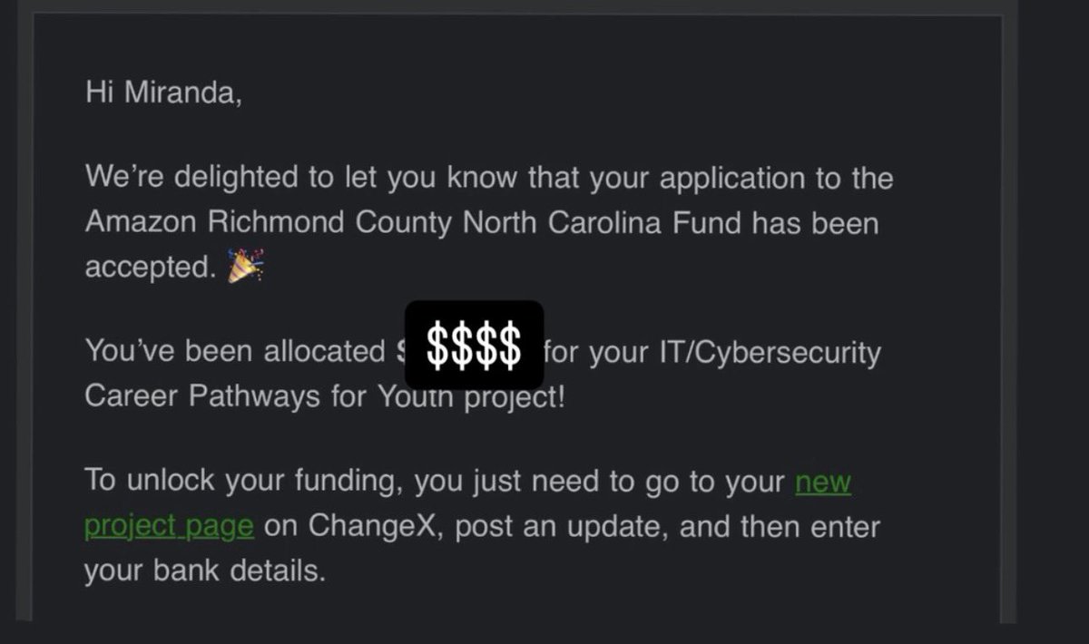 __miranduh__'s tweet image. Our MBS.Tech project was awarded funding from the Amazon Richmond County North Carolina Fund, supported by Amazon! We can’t wait to get started! Thanks to ChangeX too! #AWSInCommunities
