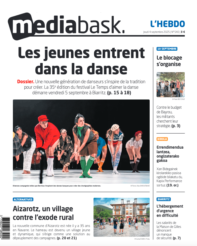 Une de MEDIABASK l'HEBDO ce jeudi ⤵️
👉[DOSSIER] Les jeunes mènent la danse 
👉Un village renaît en Navarre
👉Des mobilisations en vue
👉Xabi Bidegainen potreta