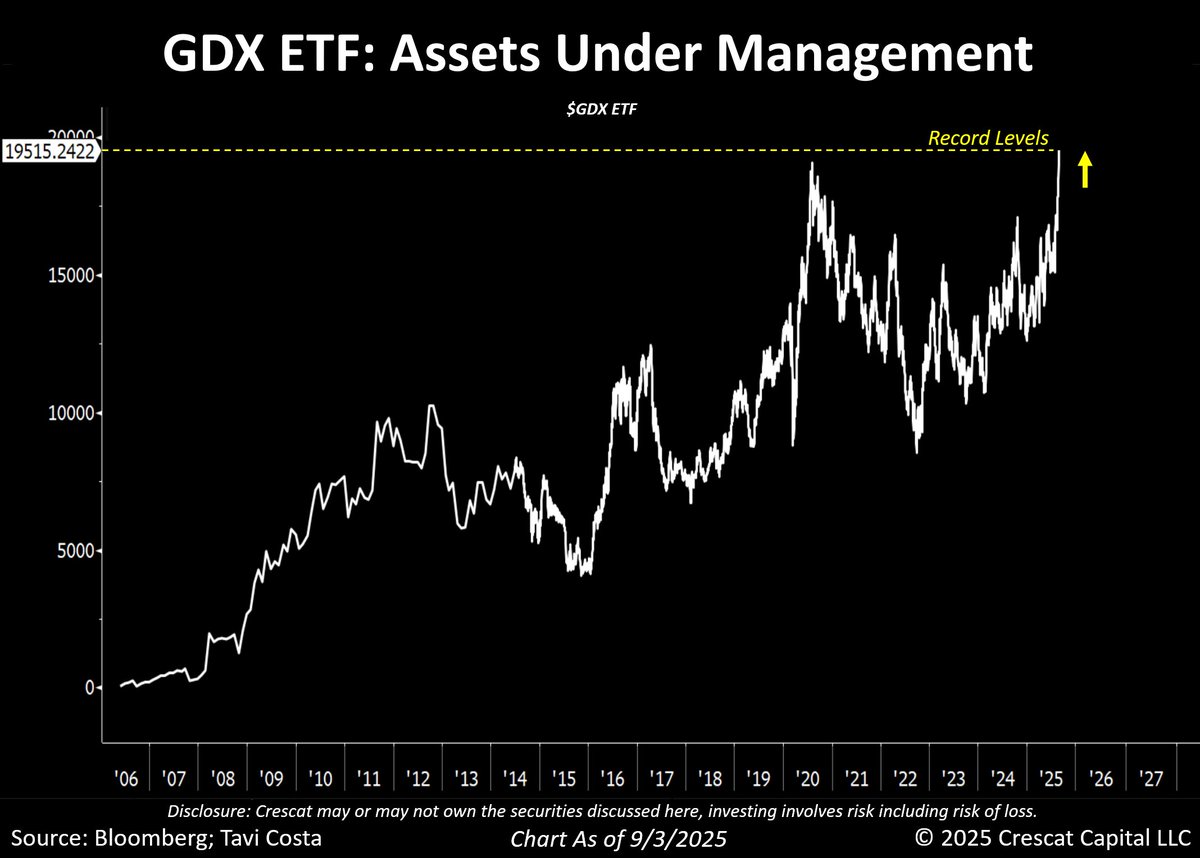 Meanwhile:
 
The gold miners’ ETF has just reached record levels in assets under management — a strong signal of renewed interest in the sector.

For those wondering where we are in the mining cycle:

Even though precious metals mining stocks have performed well over the past