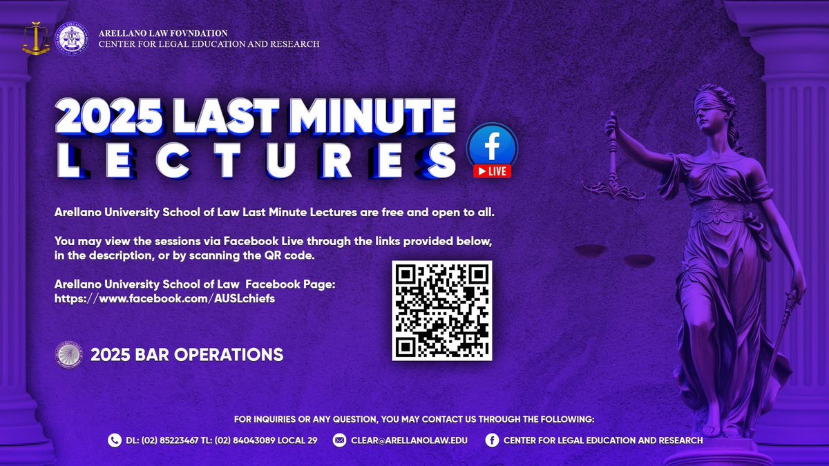 kjmbachurni's tweet photo. The Last Minute Lectures of Arellano University School of Law are free &amp; open to all. 

May the restless hearts of bar candidates find peace and confidence!

See you during the LMT and see you in the IBP! 💜 https://t.co/LfiRBm2yVb