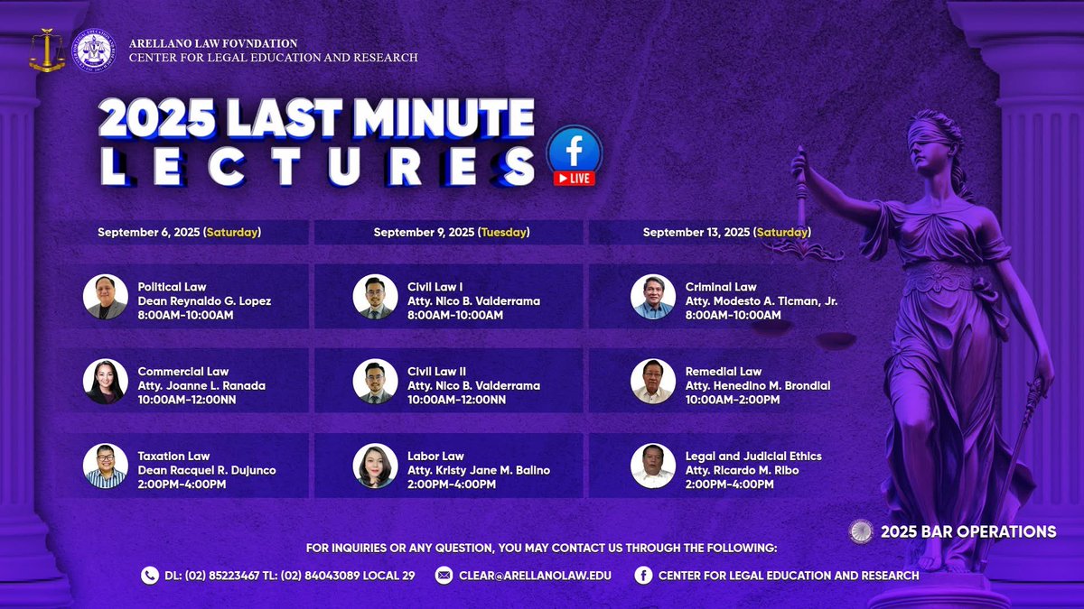 kjmbachurni's tweet photo. The Last Minute Lectures of Arellano University School of Law are free &amp; open to all. 

May the restless hearts of bar candidates find peace and confidence!

See you during the LMT and see you in the IBP! 💜 https://t.co/LfiRBm2yVb