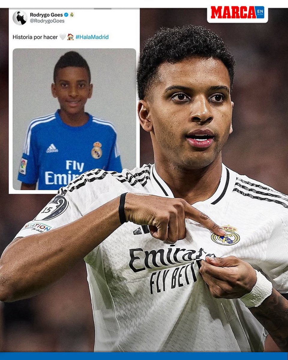 MARCAinENGLISH's tweet image. “HISTORY TO BE MADE” 🤍

With this childhood photo, Brazilian star Rodrygo confirmed his commitment to Real Madrid for the season, shutting down transfer rumors about a possible move 👑✨

#Rodrygo #RealMadrid #LaLiga #Football #Soccer