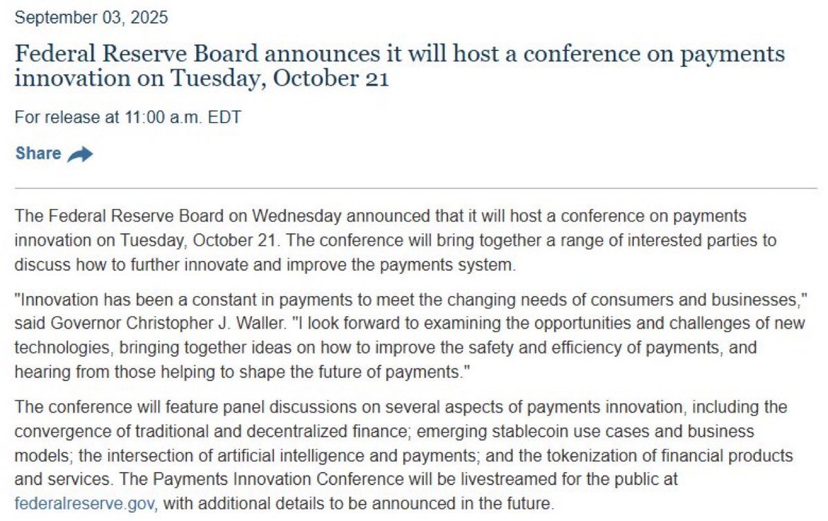 BREAKING: Federal Reserve to hold press conference discussing crypto  stablecoins, tokenization and AI