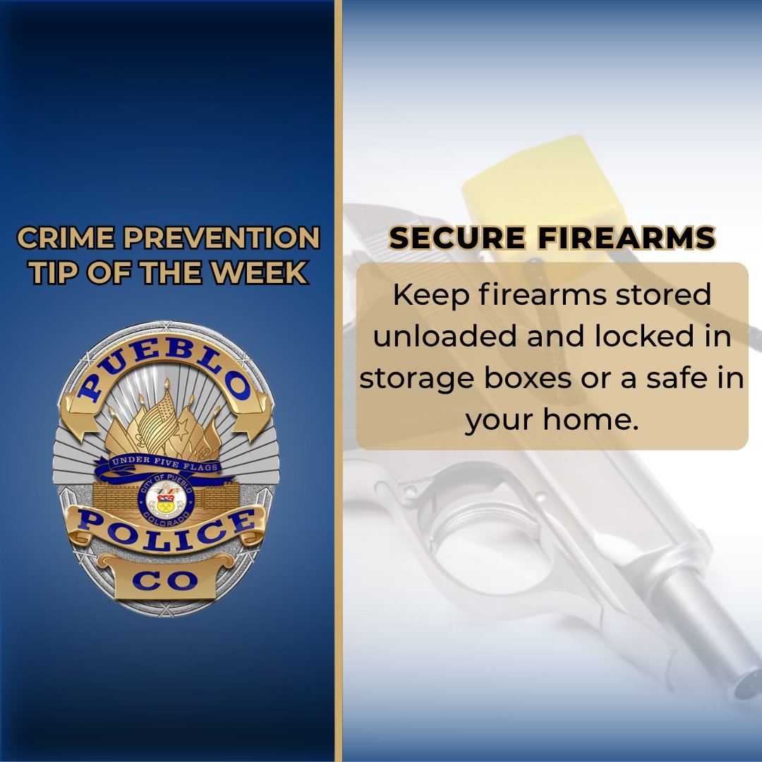 PuebloPolice1's tweet image. 🔒 Crime Prevention Tip: Always keep firearms unloaded and locked away to prevent unauthorized access. This protects everyone, especially kids! Responsible gun ownership = safer communities!
#PreventionIsProtection #CrimePreventionTip #GunSafety #ResponsibleGunOwnership