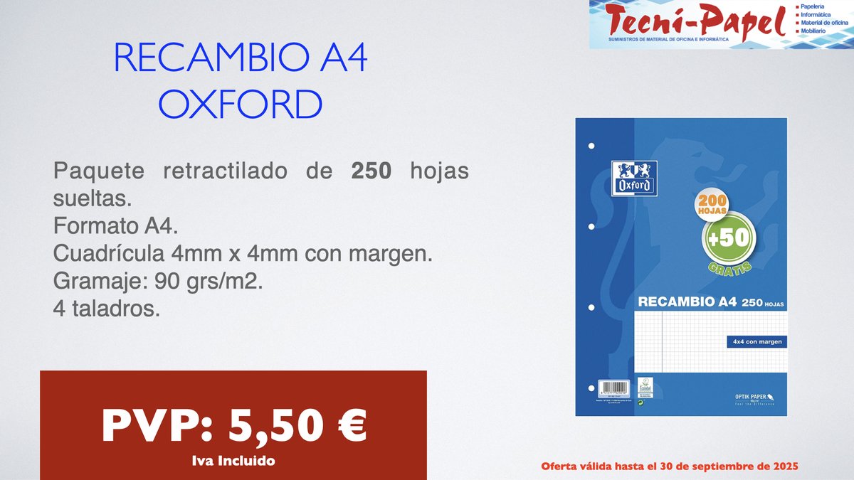 Oferta Vuelta al Cole de recambio de 250 hojas de Oxford !!
#VueltaAlCole  #vueltaalcole2025