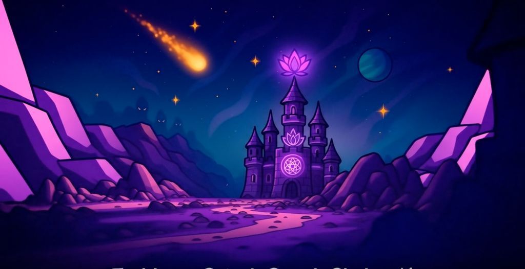 MojoMultiverse's tweet image. From a distance, Mojo observed the fortress, which is beautifully themed around the 'Crown Chakra'. The structure features tall spires and domes, adorned with glowing violet and white energy accents. Intricate mandala patterns grace the walls, and a radiant lotus crown symbol…