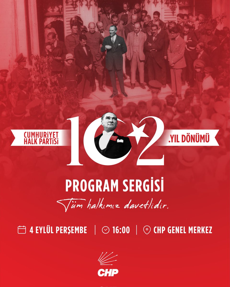 Genel Merkezimizde düzenlediğimiz 102. Kuruluş Yıl Dönümü Program Sergisi’ne tüm halkımız davetlidir. 
#CHP102Yaşında

🗓️4 Eylül Perşembe 
⏰16.00
📍CHP Genel Merkez