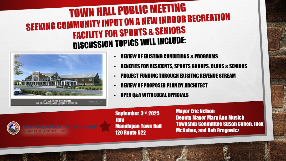 Just a reminder, Mayor Nelson and the Township Committee will be at Town Hall this evening at 7pm to seek your opinions on a new indoor recreation facility for sports and seniors.  We hope to see you tonight!