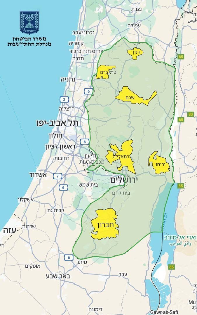 The map presented by Finance Minister Smotrich proposes Israel annexing 82% of Judea and Samaria — and has the Ministry of Defense’s logo on it.
(Amit Segal)