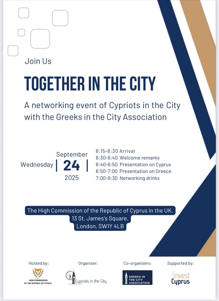 Cypriots in the City &amp; Greeks in the City invite you to Together in the City 🇨🇾🇬🇷✨ A networking evening uniting our London communities!

📅 Sept 24 | 6:15–8:30 PM
📍 Cyprus High Commission, London
🔗 cypriotsinthecity.org/together-in-th…

<a href="/CyprusInUK/">Cyprus in UK 🇨🇾 🇪🇺</a> <a href="/InvestCyprus/">Invest Cyprus</a>
