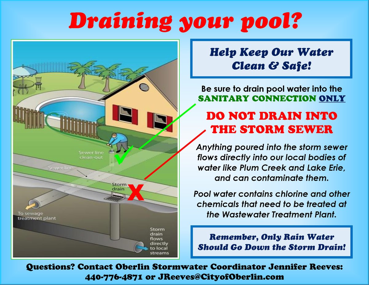 📢REMINDER: Keep our water clean &amp; safe by draining pool water into the Sanitary Connection *ONLY*💦

🔺DO NOT drain pool water into the storm sewer🔺

Questions? Contact Stormwater Coordinator Jennifer Reeves⬇️
440-776-4871 | JReeves@CityofOberlin.com