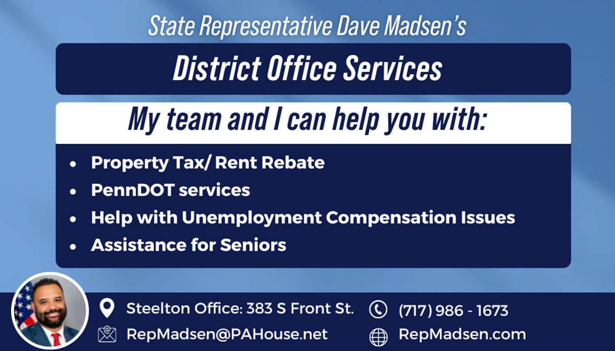 Rep. David Madsen (@repmadsen) on Twitter photo If you need state-related assistance, my office can help you!
Please feel free to contact my office with any questions by calling 717-986-1673 or emailing RepMadsen@PaHouse.net. If you need state-related assistance, my office can help you!
Please feel free to contact my office with any questions by calling 717-986-1673 or emailing RepMadsen@PaHouse.net.