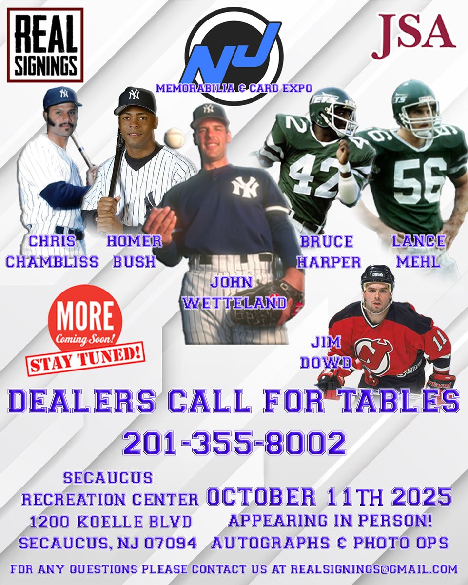 NEW JERSEY, SECAUCUS
NJ Memorabilia &amp; Card Expo | JOHN WETTELAND, LANCE MEHL, CHRIS CHAMBLISS, BRUCE HARPER, JIM DOWD, BRIAN BOEHRINGER &amp; HOMER BUSH
October 11, 2025 #CravePremier

💥 Click here for details! Mail-ins available if you cannot attend. cravetheauto.com/.../11/nj-memo…