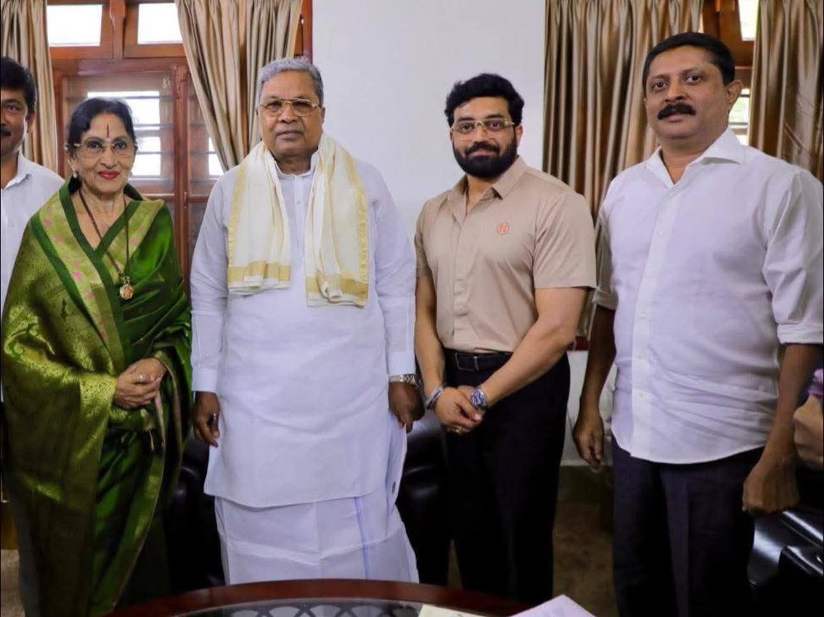 Today, Smt. Bharathi Vishnuvardhan and Shri Aniruddh met Hon’ble Chief Minister <a href="/CMofKarnataka/">CM of Karnataka</a> Shri <a href="/siddaramaiah/">Siddaramaiah</a> and formally submitted a request for the allocation of 10 guntas of land towards the establishment of the Vishnu Memorial.