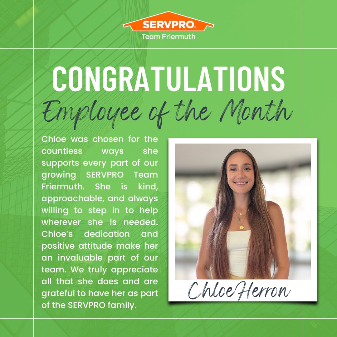 Please join us in celebrating our Employee of the Month, Chloe Herron! Chloe goes above and beyond every day to support our team, always with a positive attitude and a helping hand. Thank you, Chloe, for all that you do!