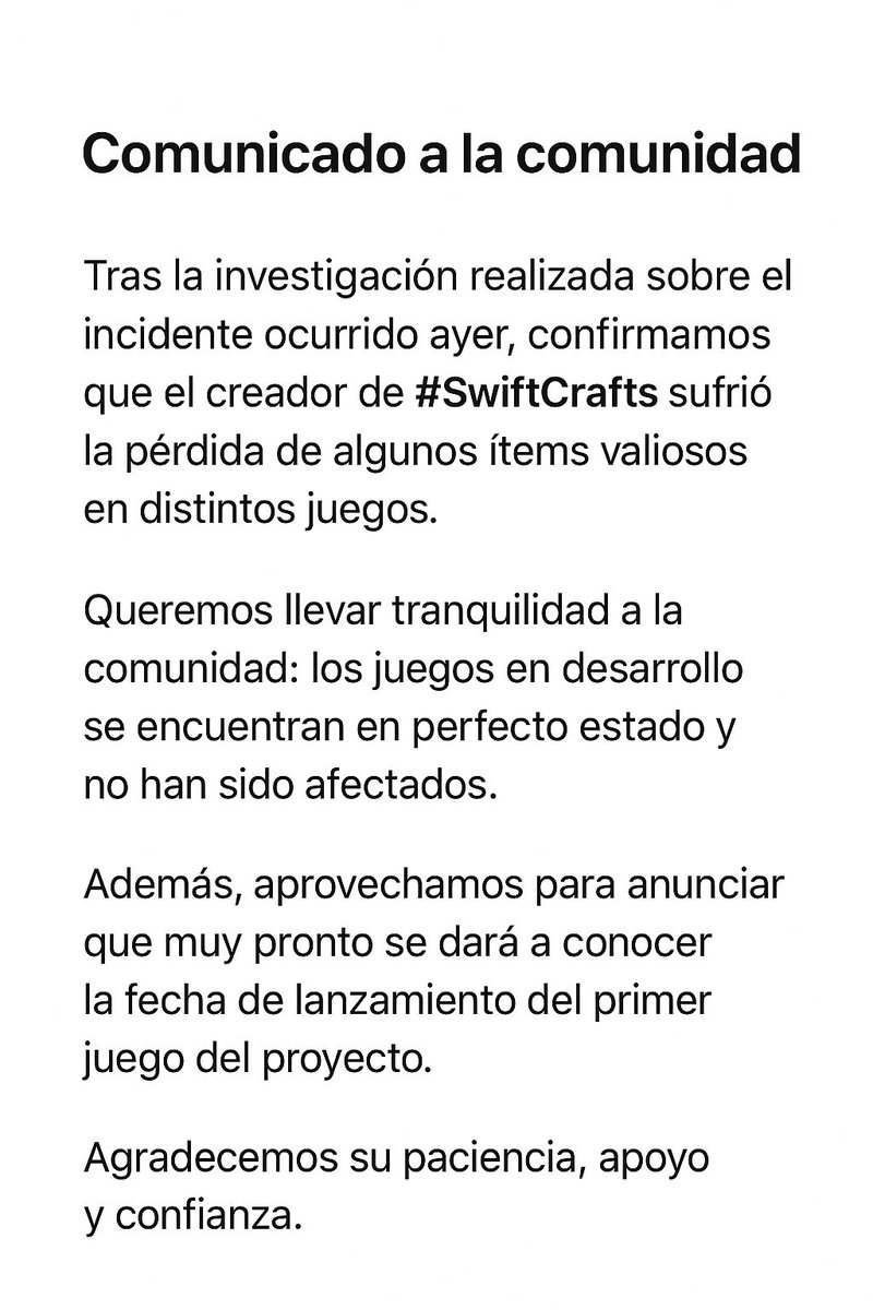 SwiftCraftsRBX's tweet image. Comunicado. #SwiftCrafts #Roblox #RobloxDev