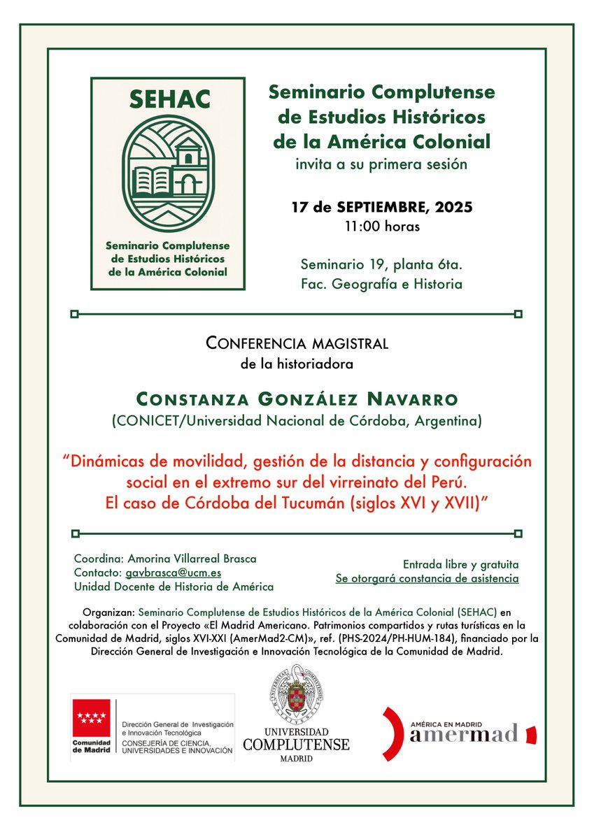 🆕Conferencia magistral: «Dinámicas de movilidad, gestión de la distancia y configuración social en el extremo sur del virreinato del Perú. El caso de Córdoba del Tucumán  (siglos XVI al XVII)»

🗓️17/09/2025

🗣️Constanza González Navarro

📌Seminario 19, planta 6 de <a href="/geohisucm/">Geografía e Historia UCM</a>
