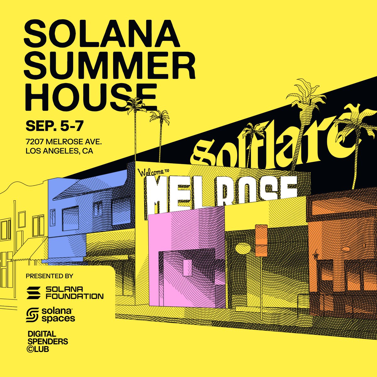 Solanaブランディングが入ったメルローズ通りのカラフルなイラストをフィーチャーしたSolana Summer Houseのイベントポスター