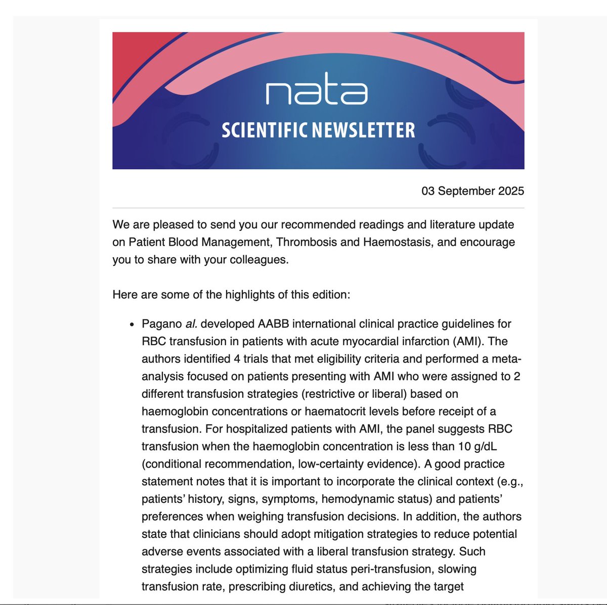 NATA (@nataforum) on Twitter photo Today’s NATA Scientific Newsletter is out!
Edition dives into:
🩸Blood #Transfusion & Transfusion Practice
🩸 Blood Conservation 
🩸#Anaemia
🩸Fluid Therapy
🩸#Haemostasis & #Thrombosis
Stay informed with the latest #PBM publications
nataonline.com/scientific-new… Today’s NATA Scientific Newsletter is out!
Edition dives into:
🩸Blood #Transfusion & Transfusion Practice
🩸 Blood Conservation 
🩸#Anaemia
🩸Fluid Therapy
🩸#Haemostasis & #Thrombosis
Stay informed with the latest #PBM publications
nataonline.com/scientific-new…