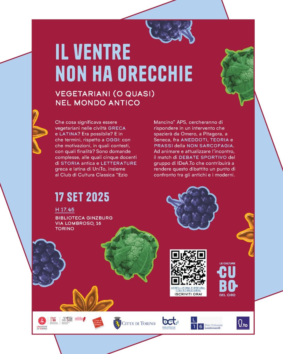mercoledì 17 settembre // ore 17.45
IL VENTRE NON HA ORECCHIE 
Vegetariani (o quasi) nel mondo antico

Un viaggio tra Omero, Pitagora e Seneca per scoprire motivazioni, pratiche e riflessioni filosofiche sul tema del vegetarianesimo.

#CompagniDiClassici