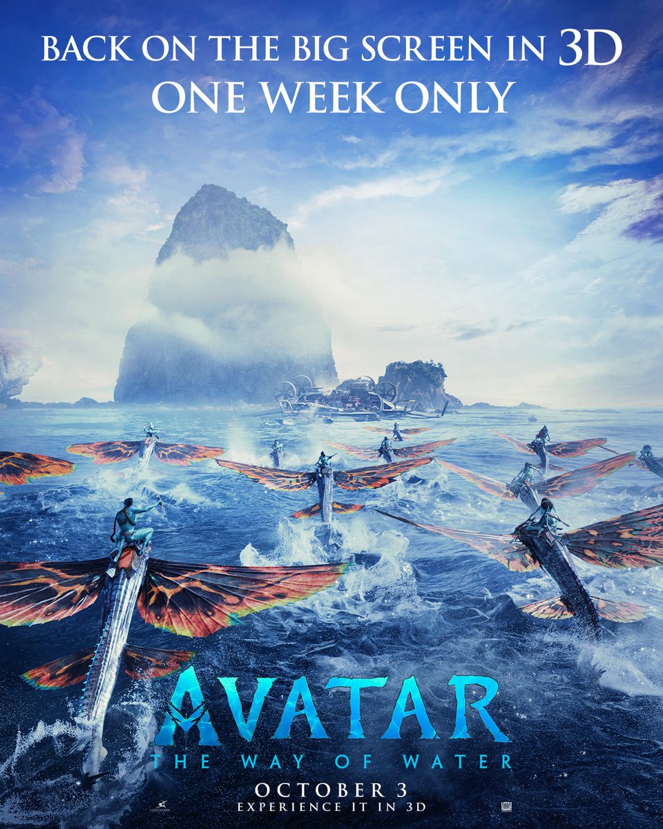 Avatar: The Way of the Water is back on the big screen starting October 3rd for one week only. Experience it in 3D.