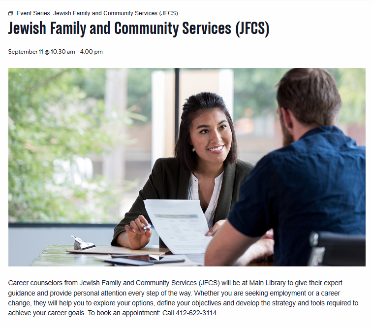 PghCHR's tweet photo. Jewish Family and Community Services (JFCS), September 11 @ 10:30 am - 4:00 pm, CLP Main Library Oakland @carnegielibrary, @jfcs, #carnegielibrary, #jfcs, #careercounseling, #pittsburghjobhelp https://t.co/7g4WLELs3D