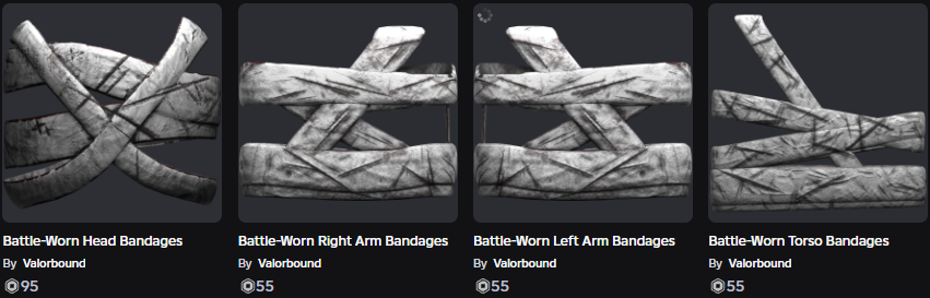Cashed0utDev's tweet image. Battle-Worn Bandages Set ⚔️
Scars of war, turned into armor. Collect them all.
Affordable. Collectible. Unforgettable.
👉 Complete the full set here:
roblox.com/catalog?Keywor…
#ROBLOX #RobloxUGC #RobloxLimited #RobloxArt #Blender3D #Modeling #UGC #Warrior
