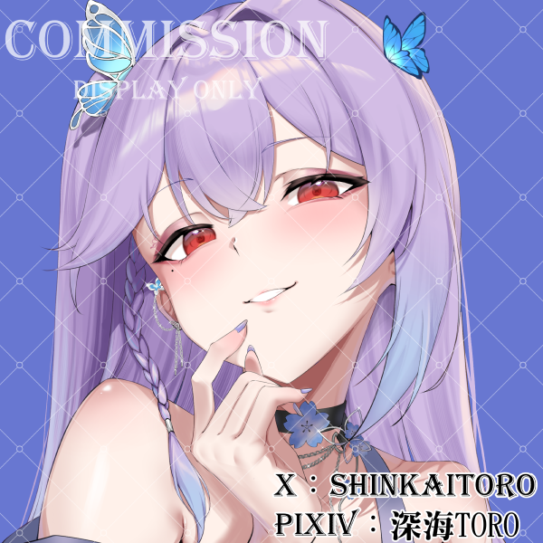 shinkaitoroN's tweet photo. 【委託展示】小伊 - 頭貼

感謝小伊的委託，原本只是為了讓她挑選畫了兩個方案
沒想到全部被採納就畫出了兩版😂

小伊的造型真的很好看
怎麼擺都像時尚封面一樣！超讚的💙🦋💜

#eepaint https://t.co/Jvjk4izqYQ