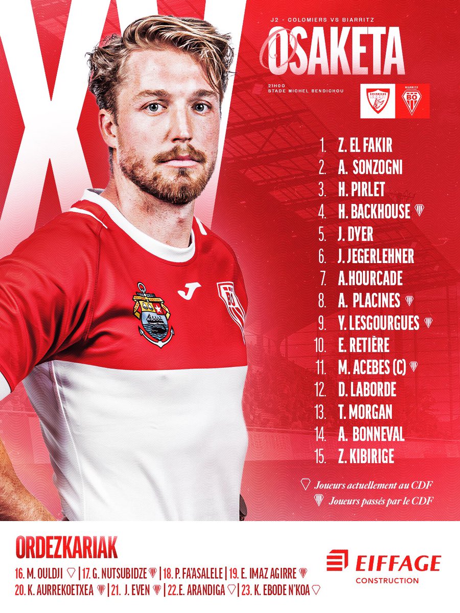 🔴 𝙇𝘼 𝘾𝙊𝙈𝙋𝙊
⚪️ 𝙊𝙎𝘼𝙆𝙀𝙏𝘼
avec Eiffage Construction  

👥 Les 23 Biarrots choisis pour le déplacement à Colomiers
🔄 9️⃣changements opérés dans le XV de départ par le staff biarrot 🧢

#CRBO | #BOPB | #AupaBO