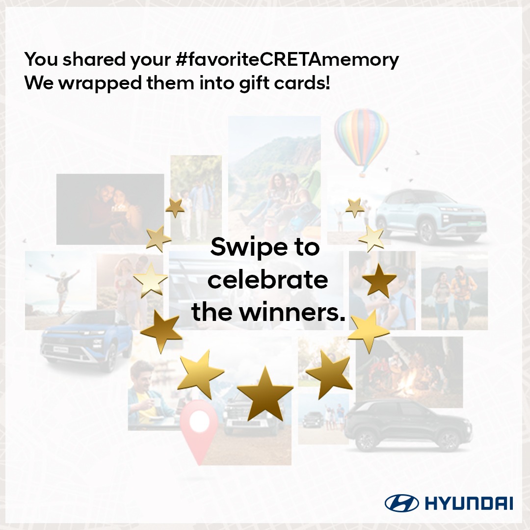 HyundaiIndia's tweet photo. Shopping spree unlocked. 

A big congratulations to all winners who take home Amazon Gift Cards worth ₹20000 each. 

Thank you for making #10YearsOfCRETA so memorable with your #FavoriteCRETAmemory.

Our team will get in touch with you soon.

 #HyundaiIndia #ILoveHyundai https://t.co/RchkxUNvv8
