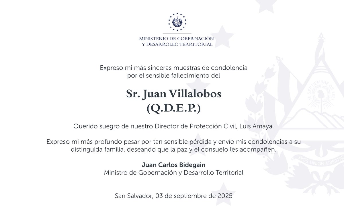 Expreso mi más sentido pésame al Director de <a href="/PROCIVILSV/">Protección Civil de El Salvador</a>, <a href="/luisalonsoamaya/">Luis Alonso Amaya</a> por el fallecimiento de su querido suegro.

Descanse en paz.