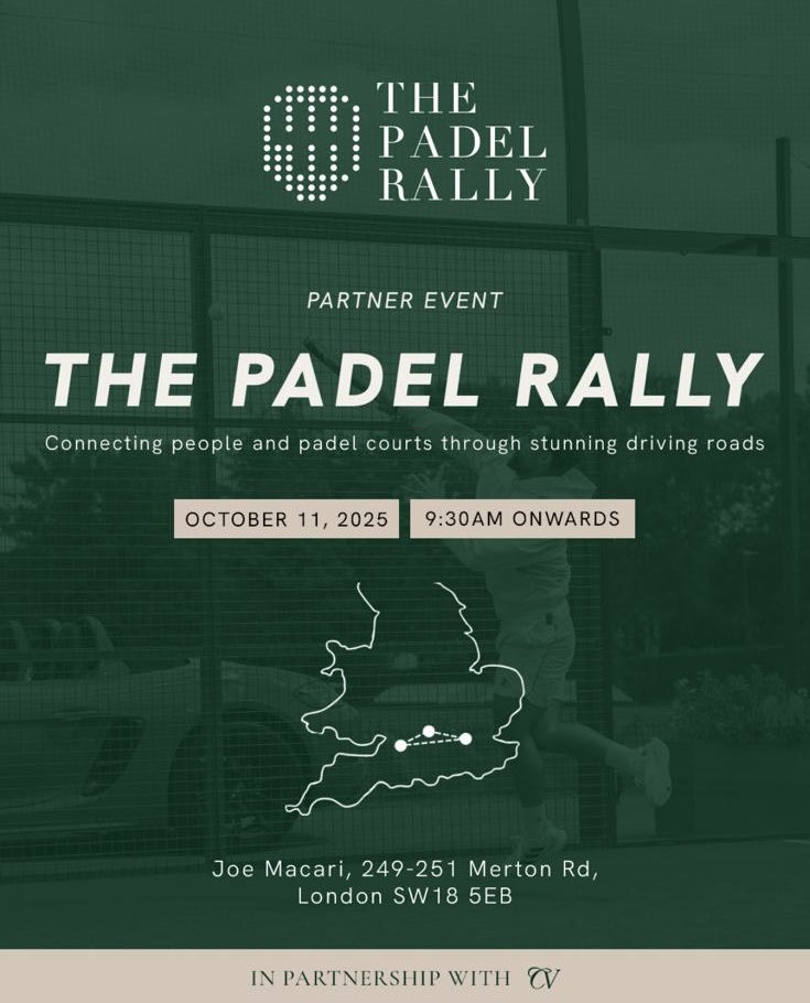 Been working hard putting on our 1st UK event for The Padel Rally and today we announced our partnership with Club Venturo

Saturday 11 October 

Breakfast <a href="/JoeMacari/">Joe Macari Performance Cars</a> 
Lunch <a href="/GirardoandCo/">Girardo & Co.</a> 
Padel and dinner <a href="/daylesfordfarm/">Daylesford Farm</a> 

If interested in getting involved please drop me a DM