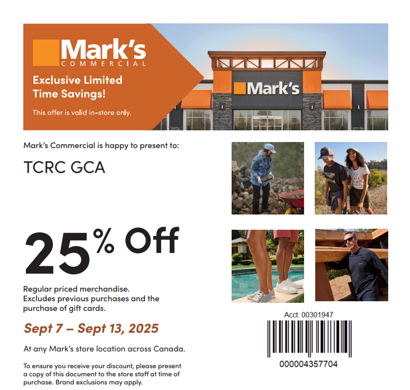 Exclusive Limited Time Savings
tcrccalgary.ca/TCRC_West_Appa…

Mark’s Commercial is happy to present to: TCRC GCA Members 25% off regular priced merchandise from September 7th to – September 13th 2025 at any Mark’s store location across Canada.