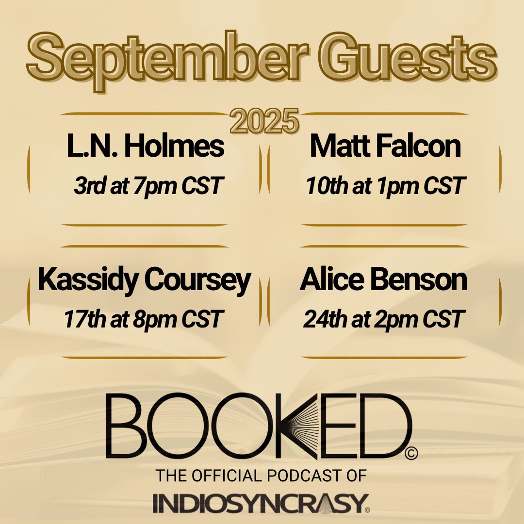 The lineup for September! 
<a href="/LNHolmeswriter/">L. N. Holmes</a> 
<a href="/realmattfalcon/">Matt Falcon</a> 
<a href="/KCDCWrites/">Kassidy Coursey—demon conservationist</a> 
&amp; Alice Benson 
<a href="/WatchfulWizardP/">Watchful Wizard Publishing</a>