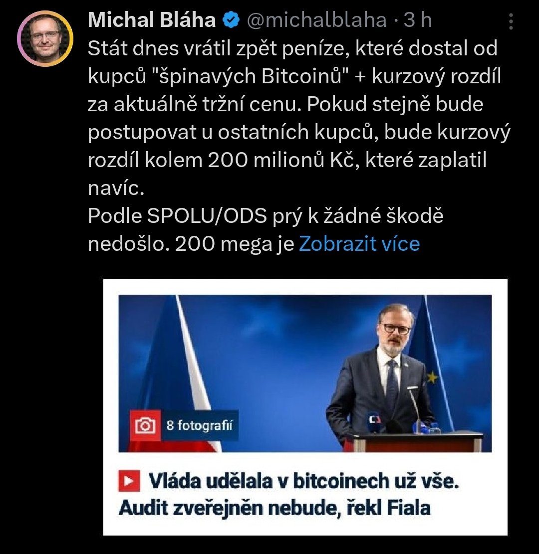 Božíčku, božíčku. Tohle není jediný génius, který vidí škodu na vrácených Bitcoinech

Takže, pomalu, jako v třetí třídě ZŠ:O kolik se, děti, mezitím zvýšila hodnota Bitcoinú, které má stát od kupců zpět? Ano, o ten "kurzový rozdíl." Kde je, děti, ta škoda, kdo ji umí spočítat?