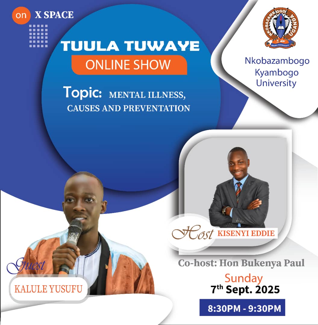This Sunday on TUULA TUWAYE online show on Nkobazambogo kyambogo university x space, i will be hosting Ssentebe Emeritus Nkobazambogo Butabika school of psychiatry and Nursing sharing about Mental Health, don't miss.
<a href="/butabikarct/">Rotaract club of Butabika</a> <a href="/butabika1955/">Butabika National Referral Mental Hospital</a>