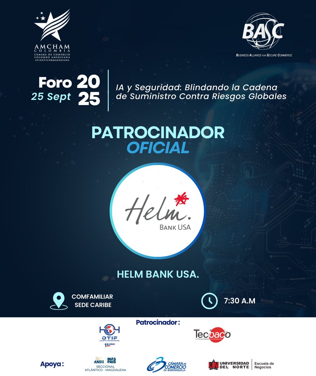 bascbquilla's tweet image. 🌎Estamos felices de anunciar que #HelmBankUSA es parte del grupo de patrocinadores oficiales del #ForoBASCyAMCHAM

Entre todos hacemos posible el crecimiento y competitividad en el Atlántico.

👉¡Inscríbete! n9.cl/06bb3

@AmChamBaq

#SomosBASC #SupplyChainAI