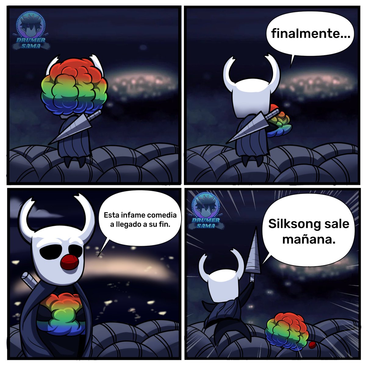 DrumerSama's tweet image. "La infame comedia a llegado a su fin"
Silksong si sale mañana!!!
#artist #hollowknight #silksong #silksongfanart #comedia #viñeta #art #digitalart #fanart