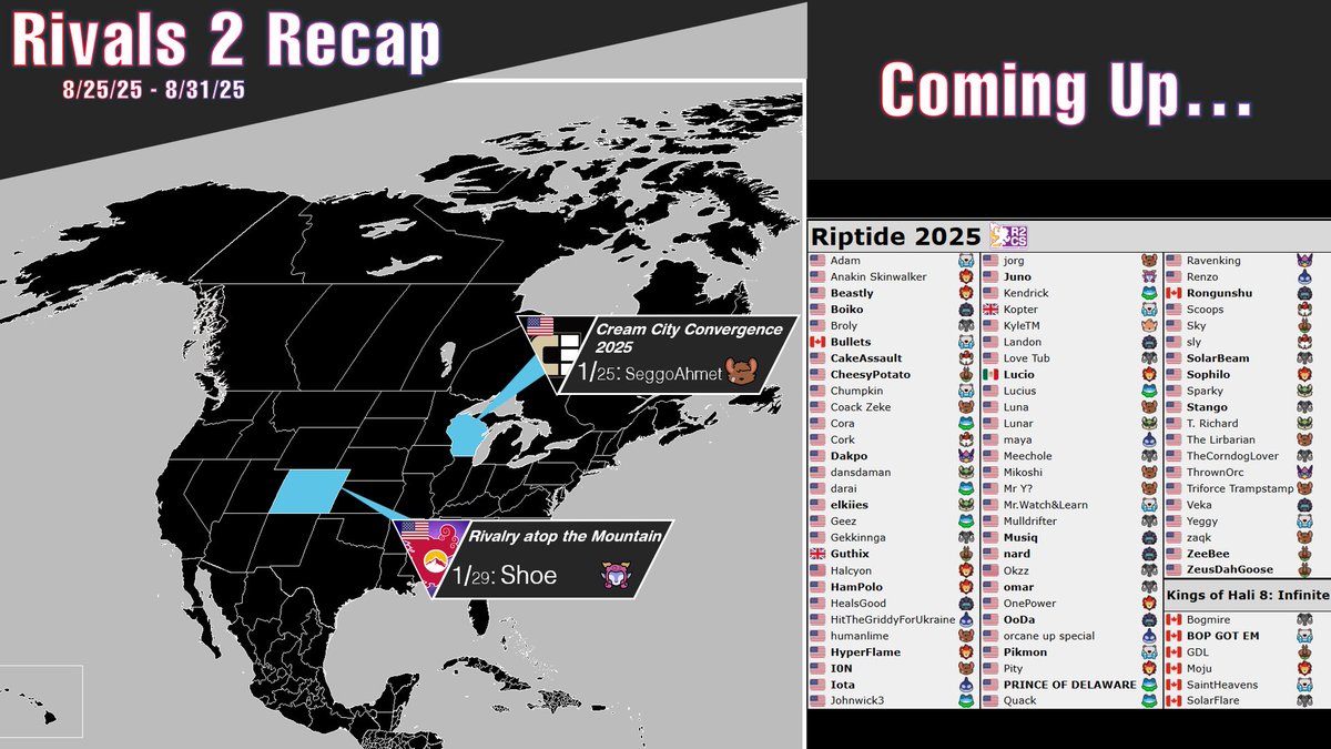 This week's Rivals 2 Recap: <a href="/SeggoAhmet/">Seggo</a> wins Cream City Convergence, while <a href="/Shoe245/">MG | Shoe 🌸🌸🌸</a> wins Colorado Arcadian Rivalry Atop the Mountain. This week be sure to watch Riptide 2025, as well as Kings of Hali 8 in NB!