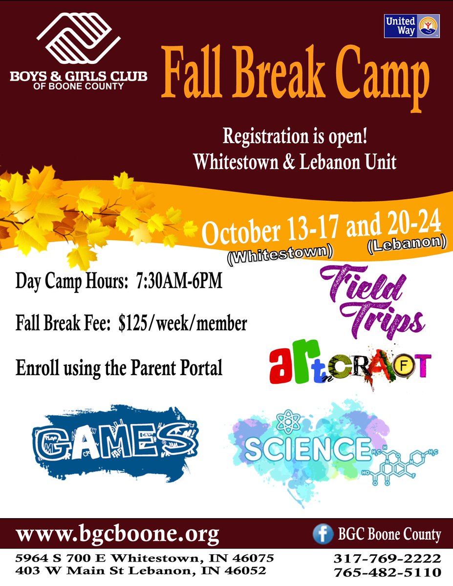 Register for Fall Break Day Camp at our Whitestown or Lebanon Unit through the Parent Portal at bgcboone.org.  #FallBreak #ZCS #LCS