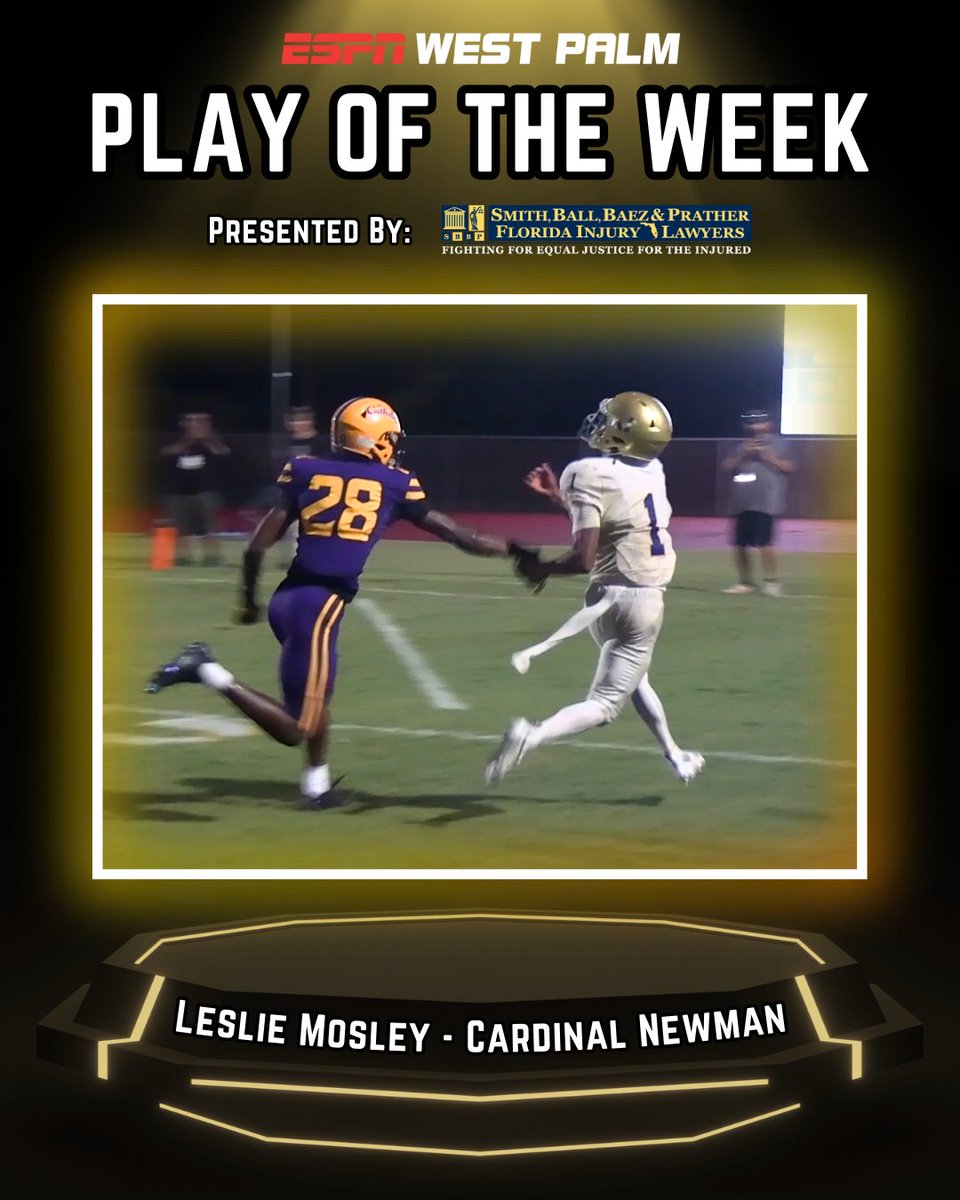 Congratulations to <a href="/Lilreaper_3/">Leslie Mosley Jr</a> of <a href="/CNHS_Athletics/">Cardinal Newman HS Athletics</a> for making an epic DIVING catch touchdown and earning this week’s Play of the Week presented by <a href="/SmithBallBaez/">Smith, Ball & Báez Injury Lawyers</a>!

Watch the play on YouTube!
youtube.com/shorts/TERnz-Z…
