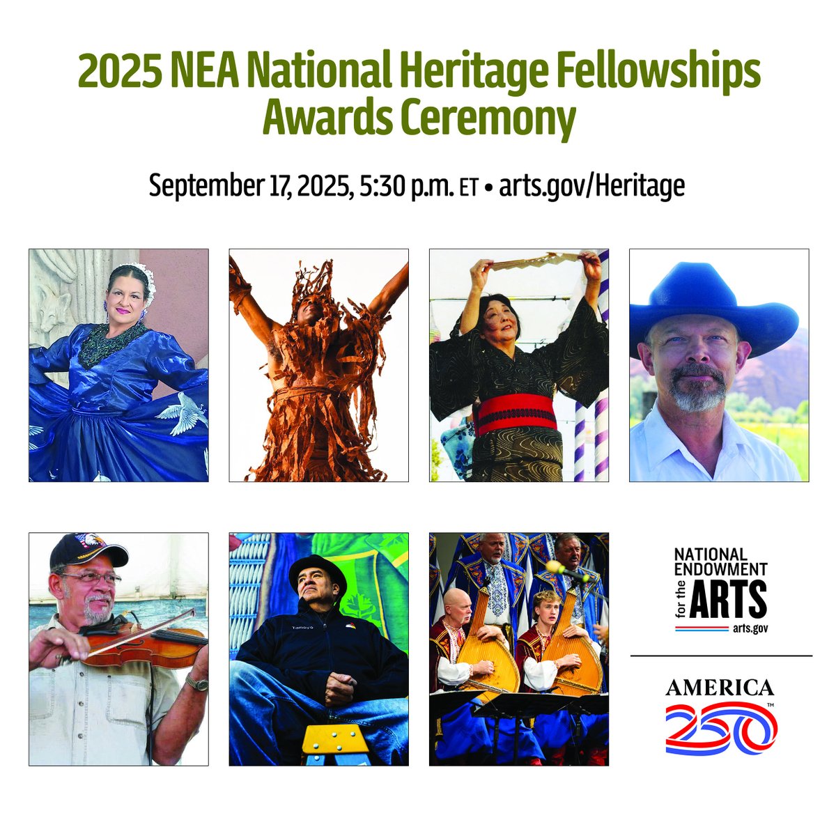 NEAarts's tweet image. Join us virtually on September 17 at 5:30 p.m. ET as we honor the 2025 NEA National Heritage Fellows in a ceremony that will be livestreamed on arts.gov/heritage.