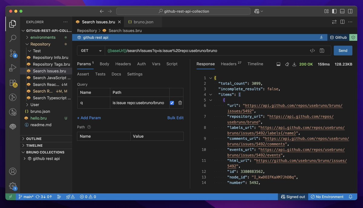 anoopcodes's tweet image. Bruno VSCode extension is live now 🎉🎉 Many months in the making.

Now you can open your codebase, click on a .bru file, and voilà ✨ - Bruno runs seamlessly inside VSCode. This makes it even easier (and more rewarding) to keep your collections right where they belong - in your…