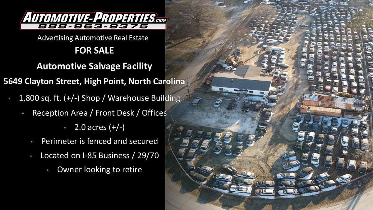 AutoProperties's tweet image. FOR SALE – Automotive Salvage Facility
5649 Clayton Street, High Point, NC

For Sale by Owner

Full Details:  automotive-properties.com

#CommercialPropertyForSale #HighPointNCRealEstate #NCRealEstate #AutomotiveBusinessForSale  #IndustrialRealEstate #CommercialRealEstate #FSBO