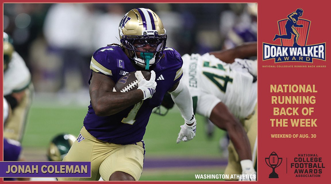Jonah Coleman is the Doak Walker National Running Back of the Week!
The Washington senior tallied 177 rushing yards and 2 TDs in a 38-21 win over Colorado State, setting the tone for the Huskies’ offense.
#DoakWalkerAward #CFB