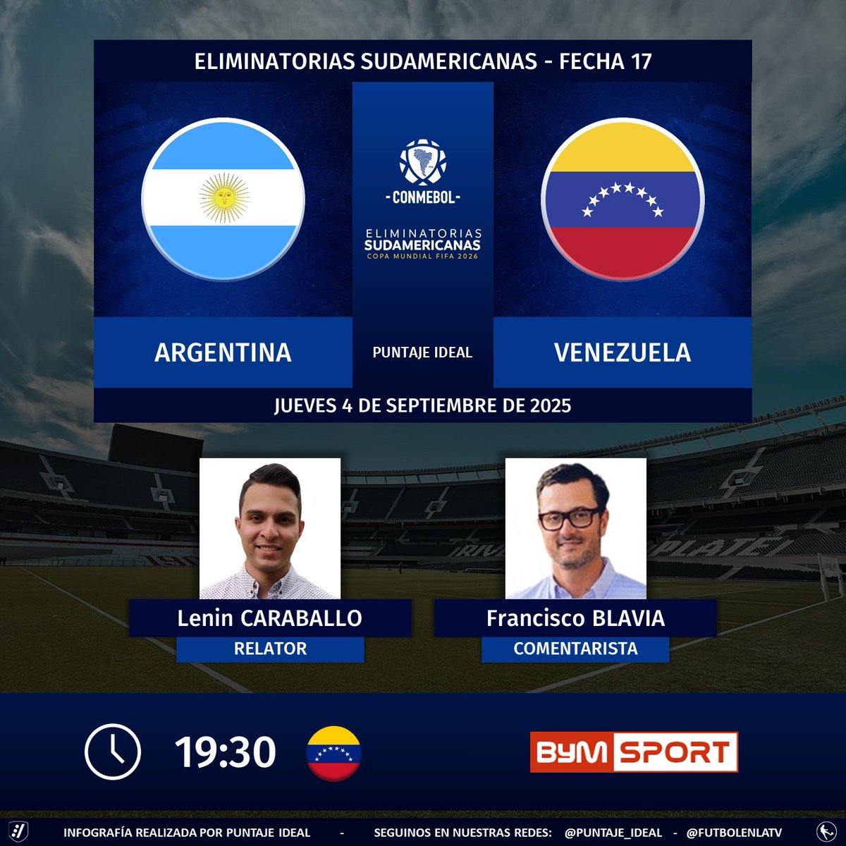 Puntaje_Ideal's tweet photo. ⚽ #EliminatoriasSudamericanas | 🇦🇷 #Argentina vs. #Venezuela 🇻🇪
🎙 Relator: @PGLenin1994 
🎙 Comentarista: @FranciscoBlavia 
📺 @BymSport 🇻🇪
💻📱 #InterGO - #SimplePlus 
Dale RT 🔃 https://t.co/NovC5kqN8M