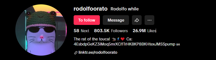 AchillesXBT's tweet image. CREATOR IS ONBOARDED 🐀🕺

$RODOLFO ON TOP 🕶️

4EsbdpGeKZ3iMoq5mrXCi1TrHK8KP8BKHtexJMSSpump