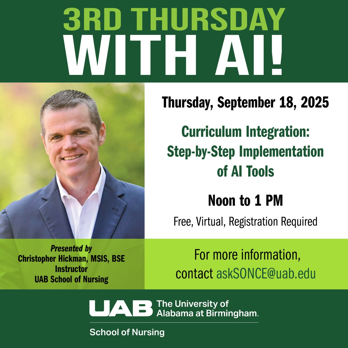 Join us for the September session of the 3rd Thursday with AI series, where Instructor Christopher Hickman will share strategies for implementing AI tools into curriculum design.

Register: bit.ly/3JIbaJm